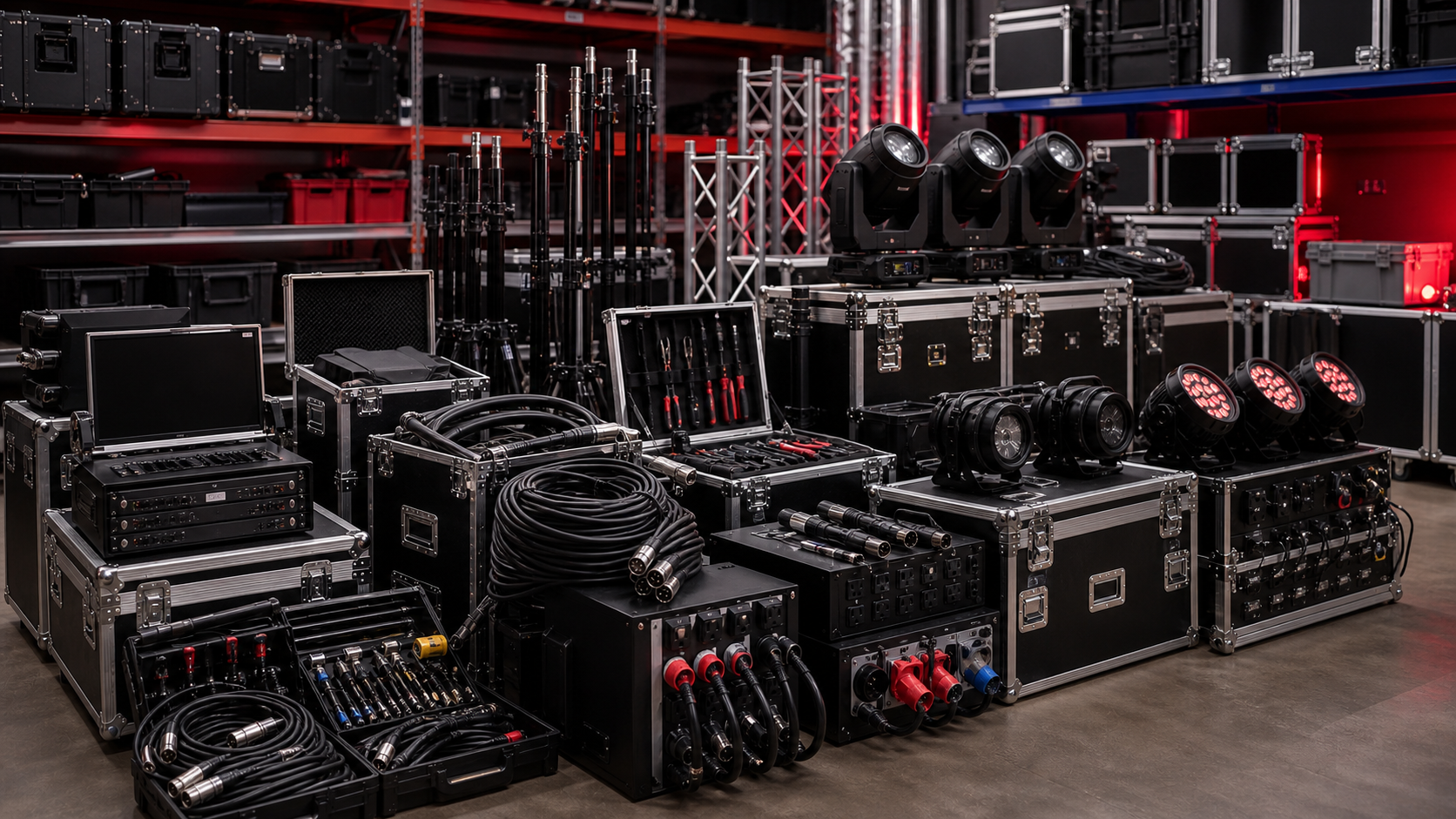 Equipamentos de locação e suporte técnico organizados
