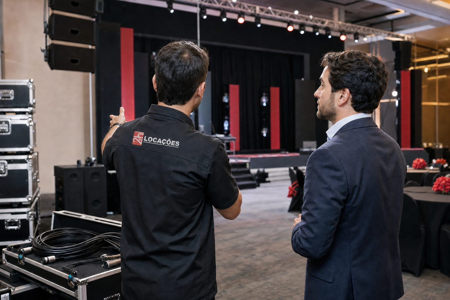 Técnico com camisa da 24hlocações conversando com cliente sobre a organização técnica de um evento